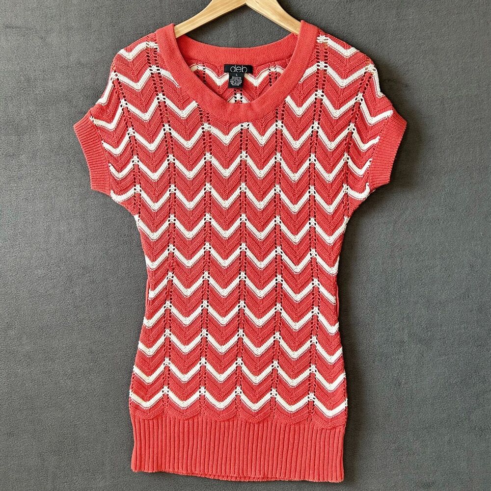 Deb Chevron Pointelle Knit Sweater Women's Large Short Sleeve Coral White